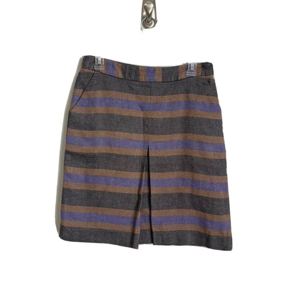 Boden Gray Beige Blue Striped Linen Blend Inverted Pleat Lined Skirt